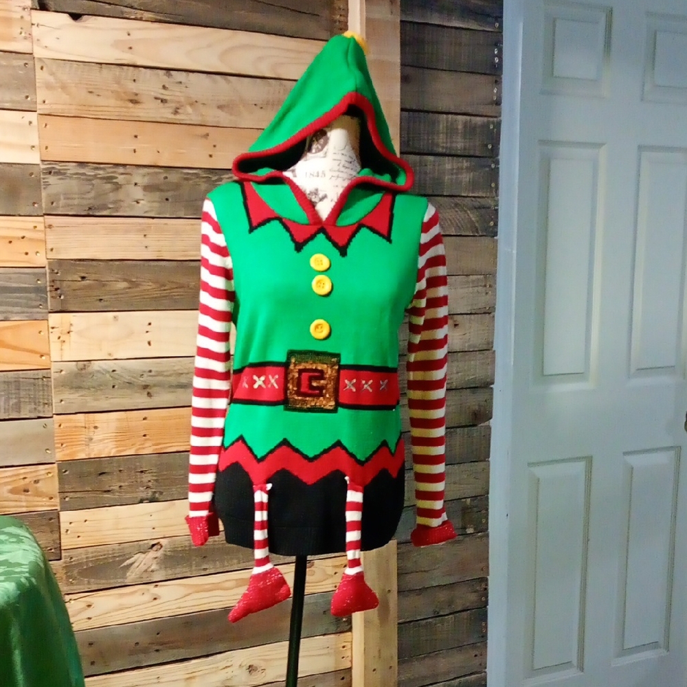 Poof! Green Elf Hooded Sweater with Red & White Stripes